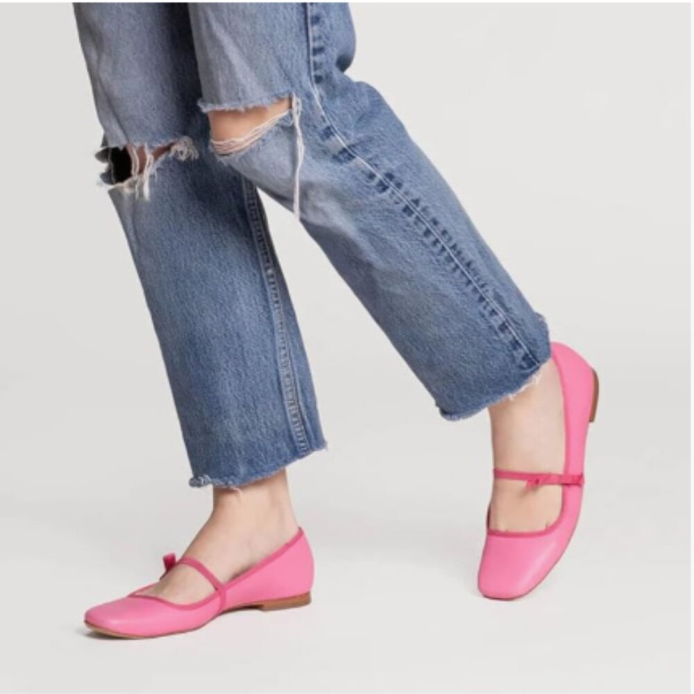 miss left Hot Pink Lovely Single Elastic Strap Flat Mary Janes Square Toe Shoes